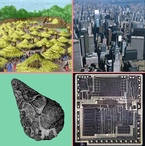 Latooka village and Manhattan island, stone axe and microprocessor chip